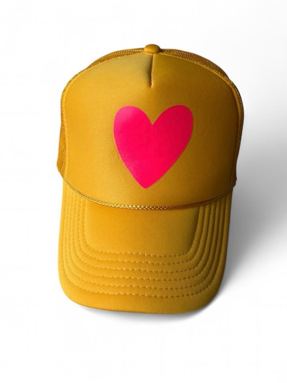 Y2k Summer Snapback Trucker Hat with Big Heart on it Pink Yellow Tailgate Beach